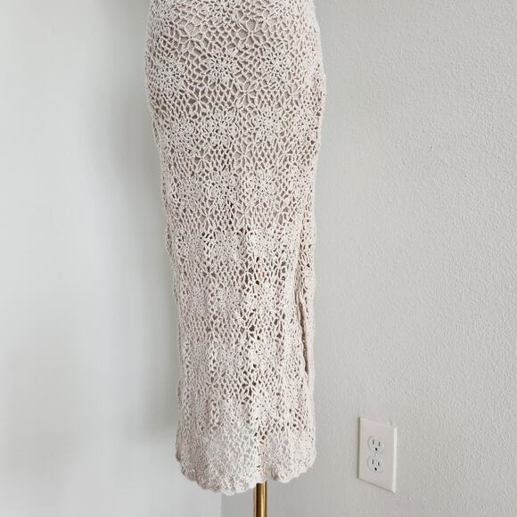 Vintage Y2K Newport News Crochet Knit Ivory Maxi Dress Lined Ramie Cotton XS - Picture 6 of 10